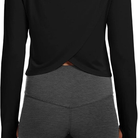 Black women's long sleeve breathable open back yoga top, lightweight, stretchy, - Picture 5 of 5